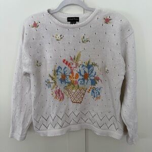 Vintage Ashleigh Morgan Sweater White‎ Embroidered Flowers Easter Pointelle M
